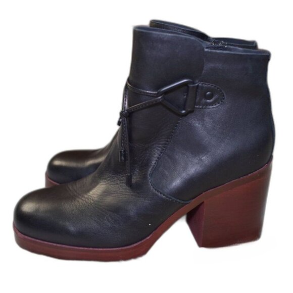 Korks Mertle Black Leather Block Heel Platform Booties Sz 9.5 Retro Hippie Chic - Picture 1 of 11